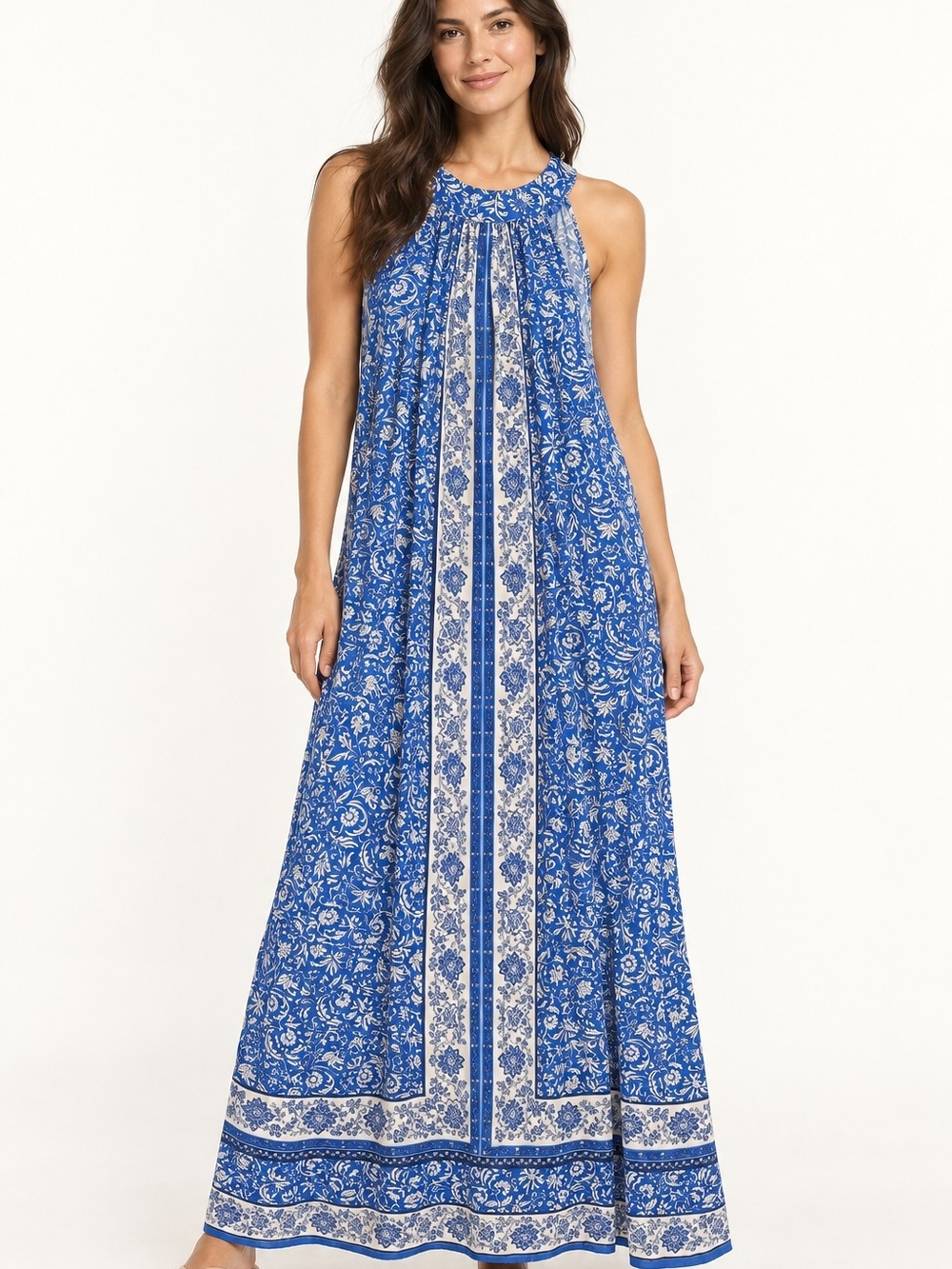 1.STATE Blue White Floral Border Print Halter Maxi Dress S